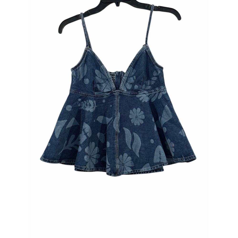 SCOOP NWT Denim Peplum V-Neck Tank Top Womens Small Bleached Floral Western